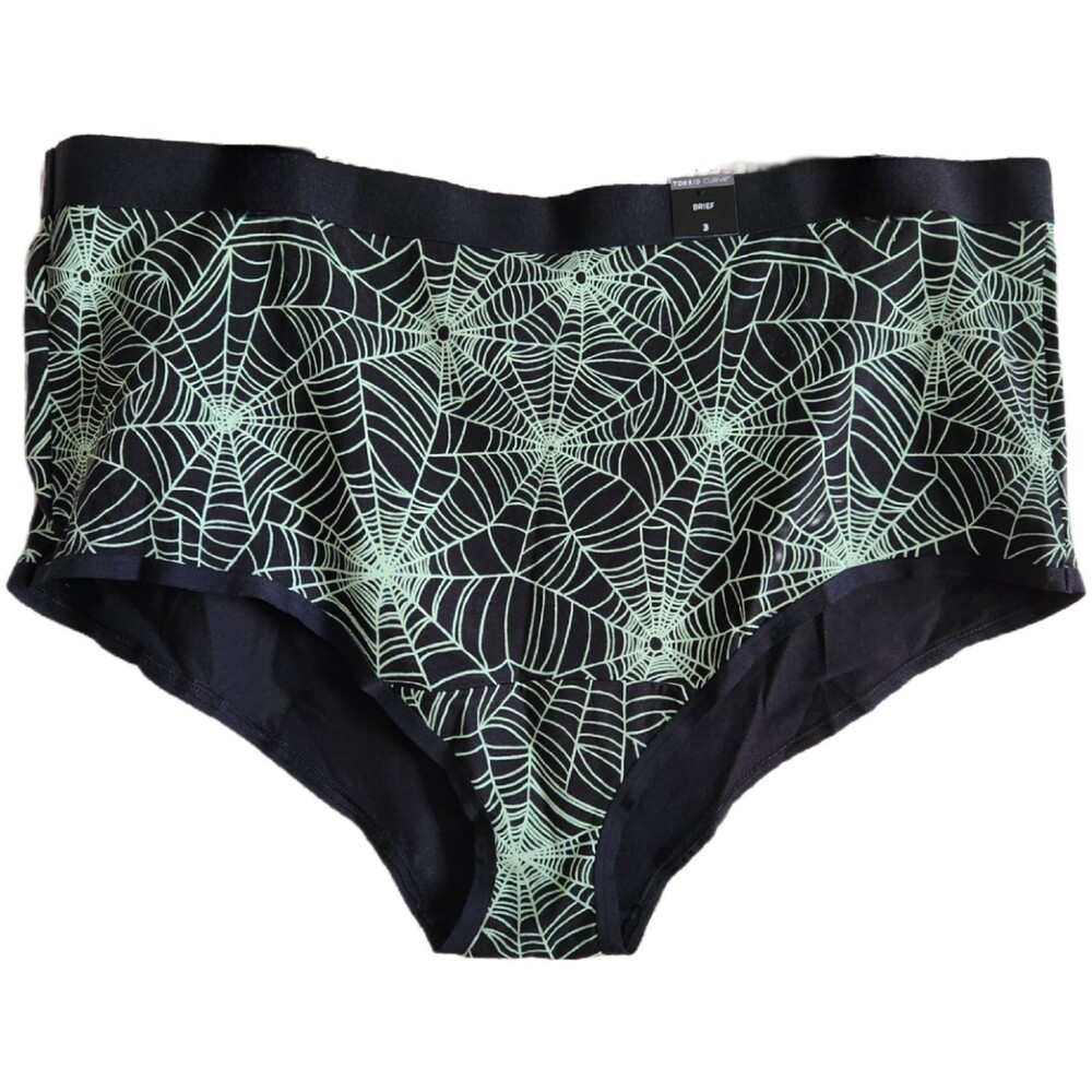 Torrid Curve Women's Panty Size 3 Brief Black Green Spooky Sexy Spider Web